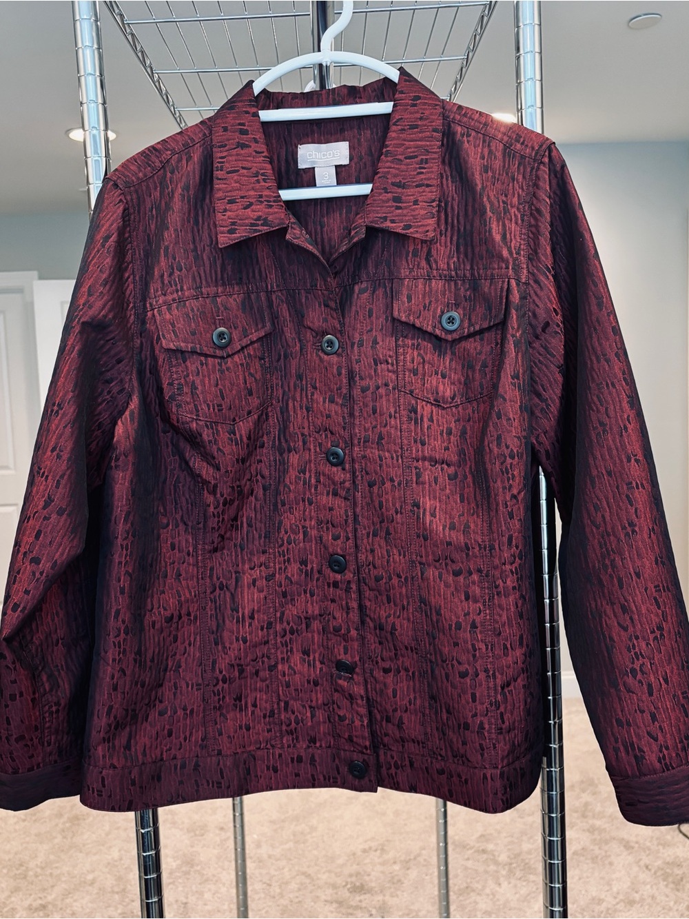 Chico’s red black abstract western style button up crinkle jacket size 3